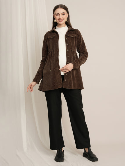 Brown Maternity Winter Longline Corduroy Shacket