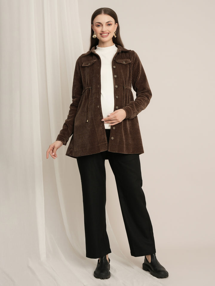 Brown Maternity Winter Longline Corduroy Shacket
