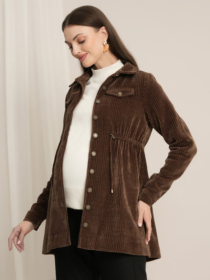 Brown Maternity Winter Longline Corduroy Shacket