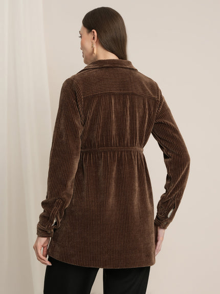Brown Maternity Winter Longline Corduroy Shacket