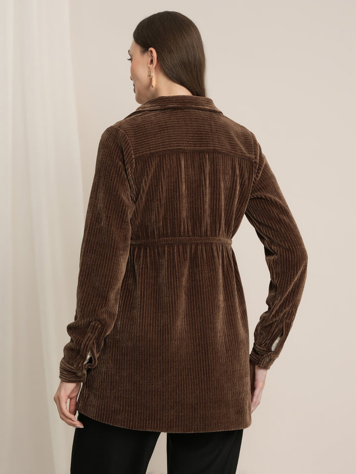 Brown Maternity Winter Longline Corduroy Shacket