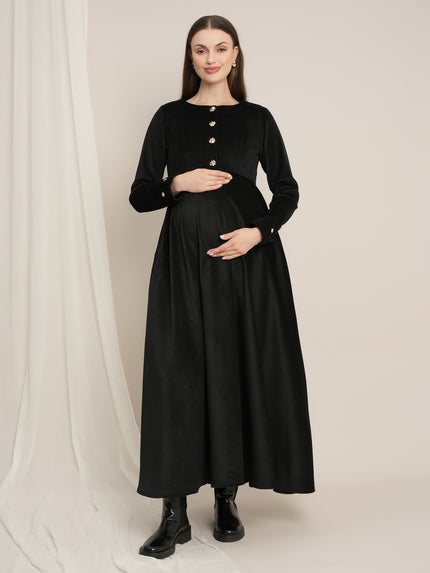 Black Maternity Winter Maxi Dress with Cropped Shrug & Belt