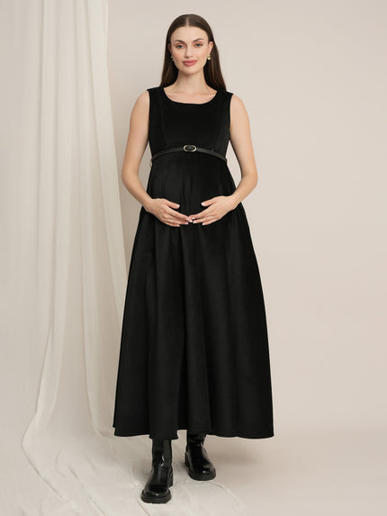 Black Maternity Winter Maxi Dress with Cropped Shrug & Belt