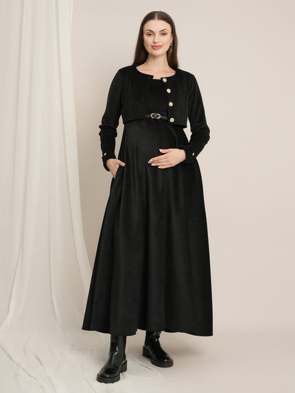Black Maternity Winter Maxi Dress with Cropped Shrug & Belt
