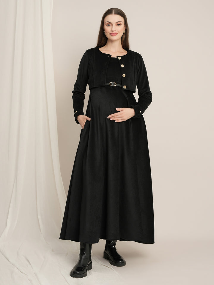 Black Maternity Winter Maxi Dress with Cropped Shrug & Belt