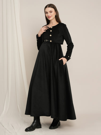 Black Maternity Winter Maxi Dress with Cropped Shrug & Belt