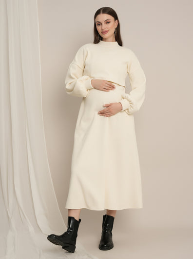 Cream Maternity Winter Midi Dress with Cropped Sweater