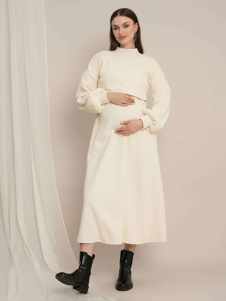 Cream Maternity Winter Midi Dress with Cropped Sweater
