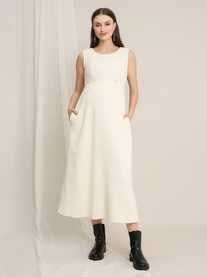 Cream Maternity Winter Midi Dress with Cropped Sweater