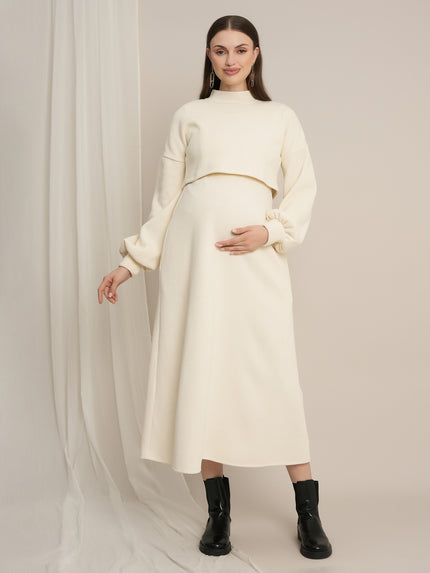 Cream Maternity Winter Midi Dress with Cropped Sweater