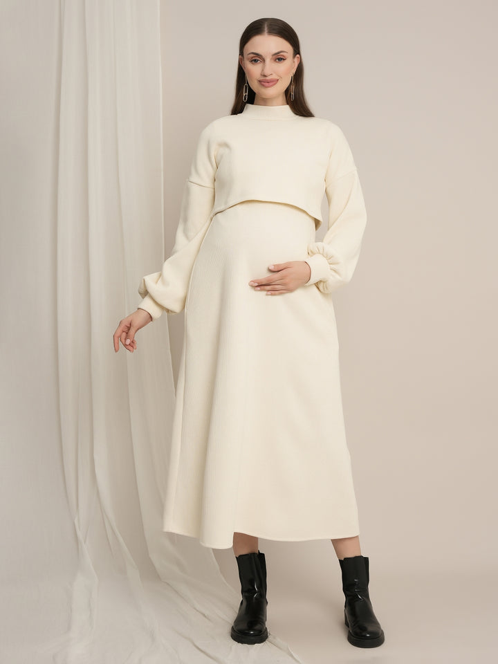 Cream Maternity Winter Midi Dress with Cropped Sweater