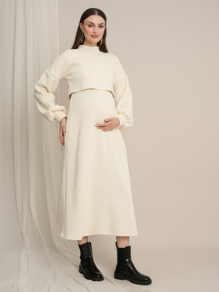Cream Maternity Winter Midi Dress with Cropped Sweater