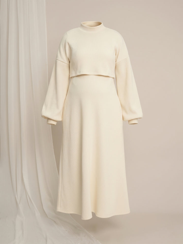 Cream Maternity Winter Midi Dress with Cropped Sweater