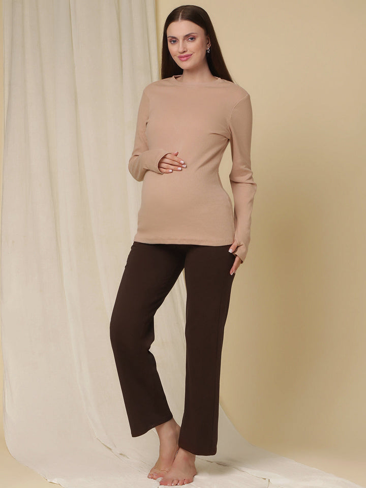 Maternity Wide-Leg Pants (French Terry Lined) - Brown