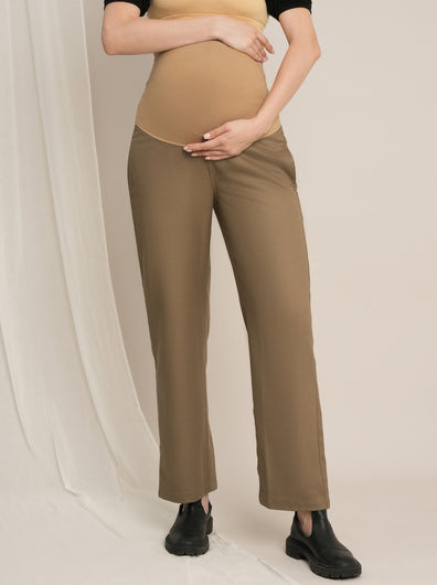 Maternity Winter Wide-Leg Woolen Pants - Beige