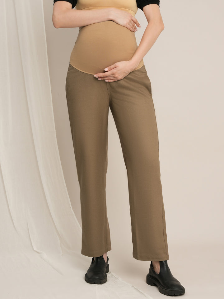 Maternity Winter Wide-Leg Woolen Pants - Beige