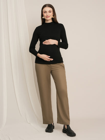 Maternity Winter Wide-Leg Woolen Pants - Beige