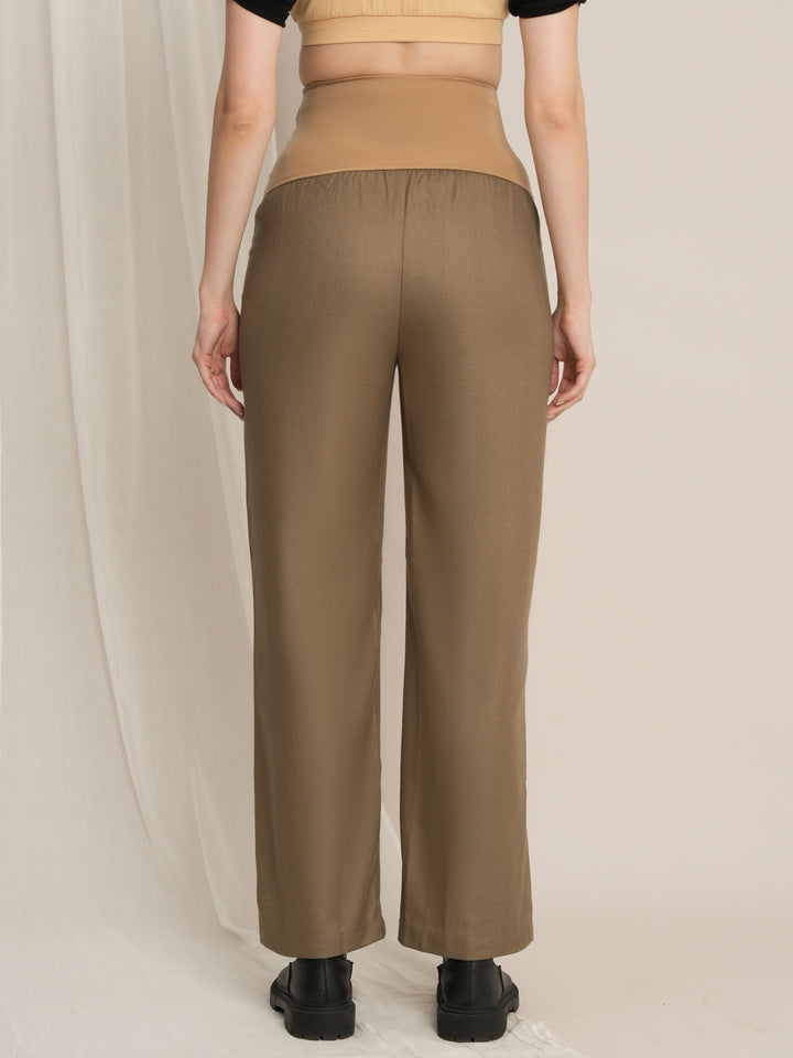 Maternity Winter Wide-Leg Woolen Pants - Beige