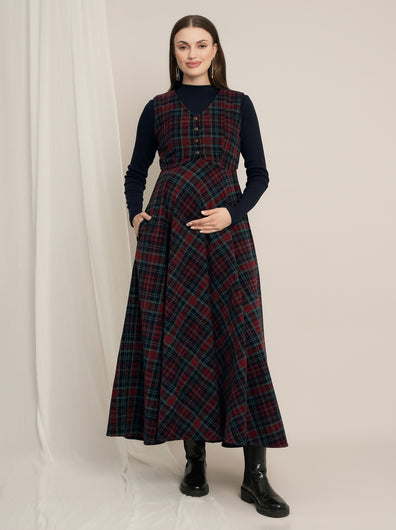 Maternity Woolen Maxi Dress & Vest Coat Set