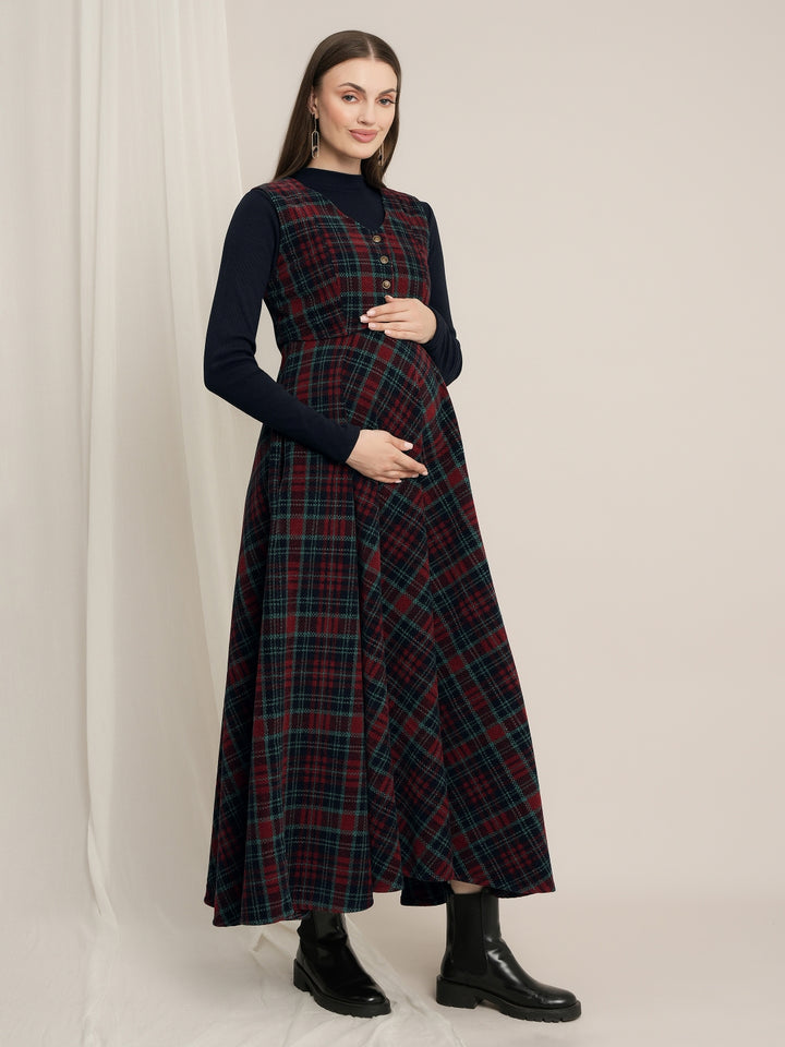 Maternity Woolen Maxi Dress & Vest Coat Set