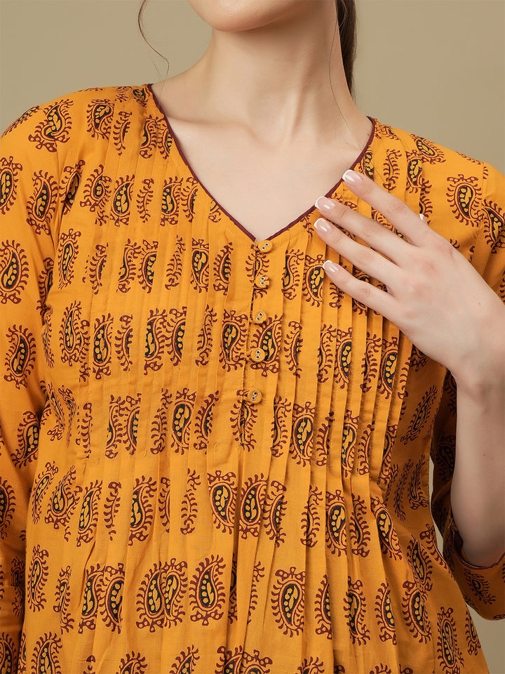 Maternity Yellow Short Cotton Kurti Tunic Top