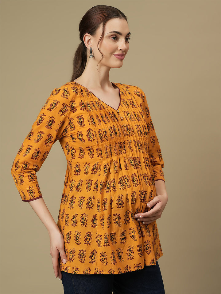 Maternity Yellow Short Cotton Kurti Tunic Top