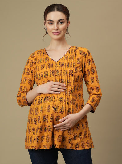 Maternity Yellow Short Cotton Kurti Tunic Top
