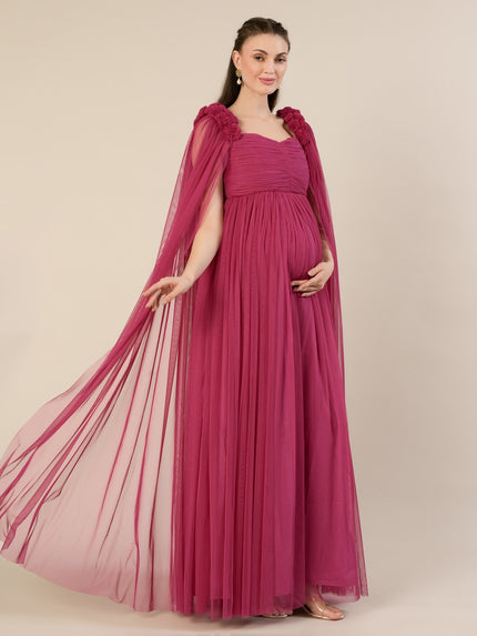 Mauve Maternity Baby Shower Photoshoot Gown with Cape Sleeves