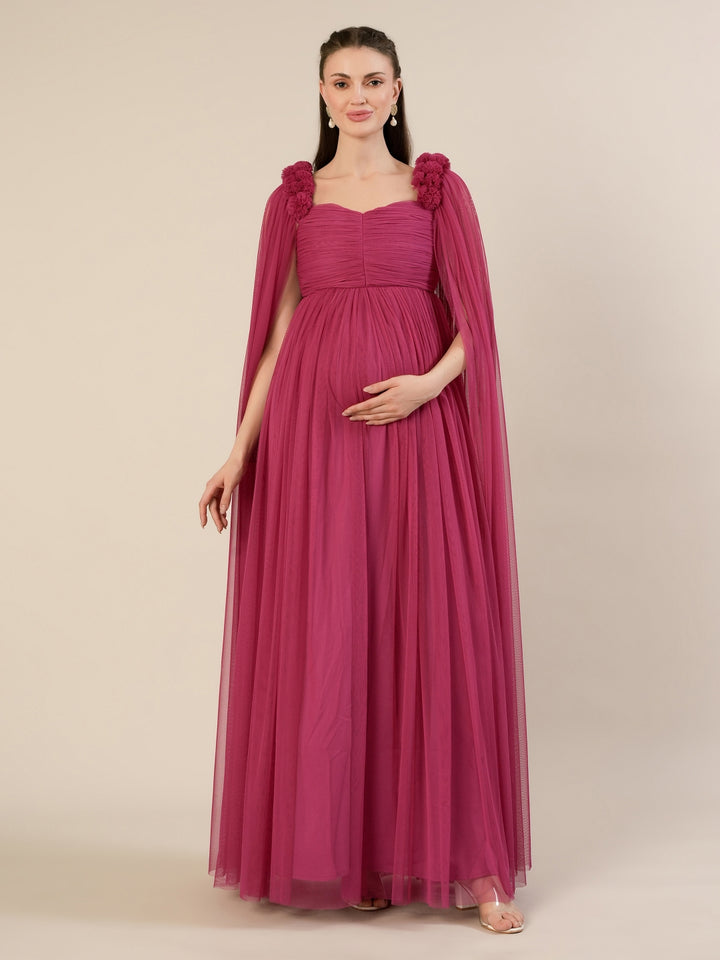 Mauve Maternity Baby Shower Photoshoot Gown with Cape Sleeves