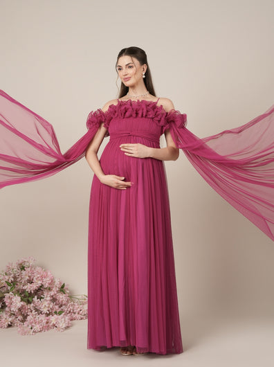 Mauve Maternity Baby Shower Photoshoot Gown with Detachable Sleeves