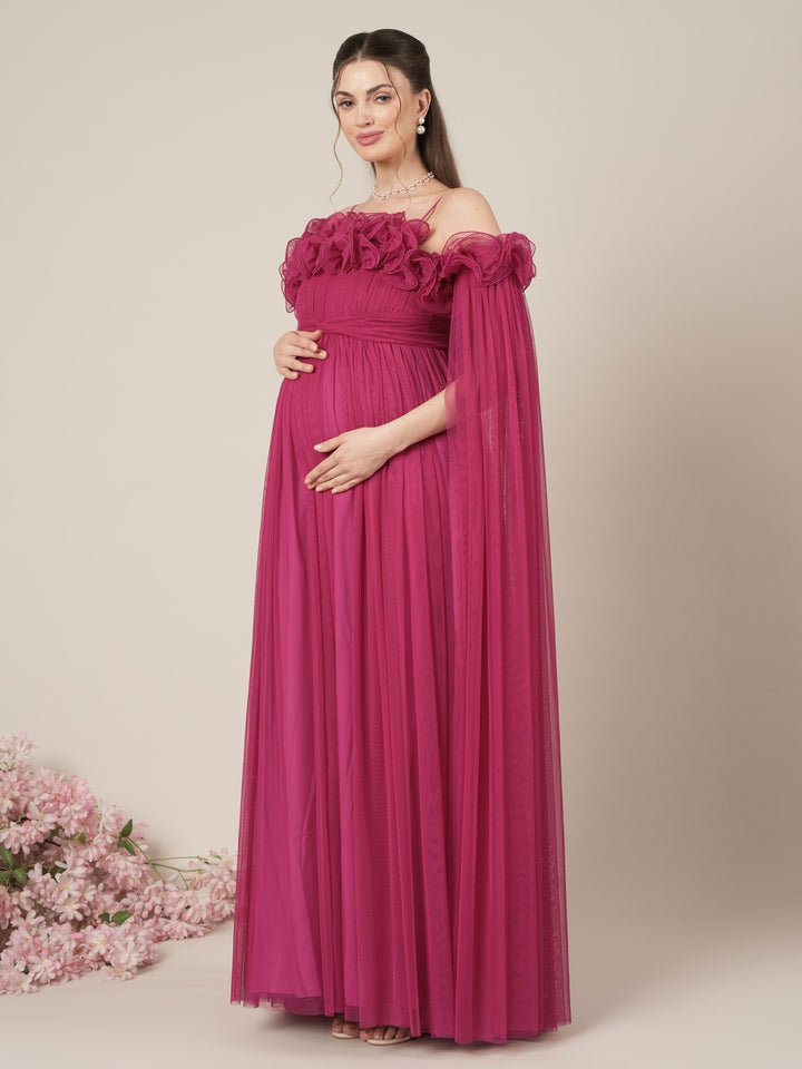 Mauve Maternity Baby Shower Photoshoot Gown with Detachable Sleeves