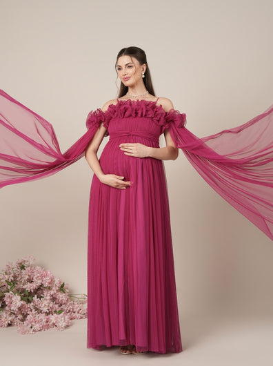 Mauve Maternity Baby Shower Photoshoot Gown with Detachable Sleeves
