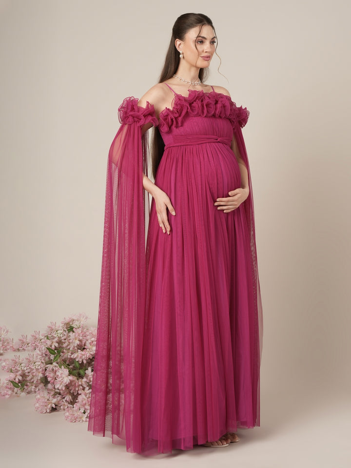 Mauve Maternity Baby Shower Photoshoot Gown with Detachable Sleeves