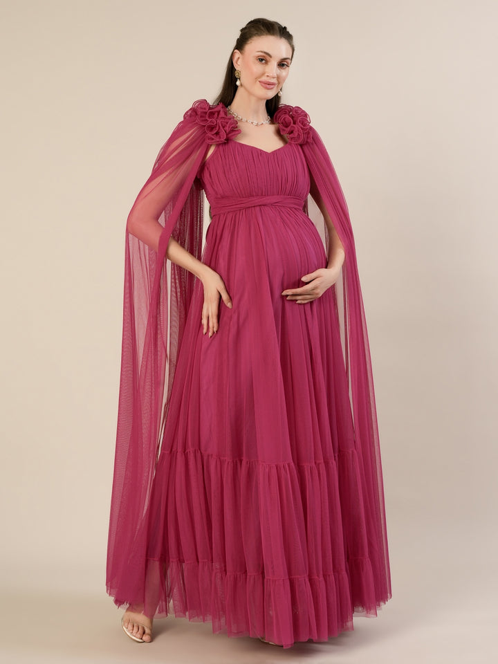 Mauve Ruffle Maternity Maxi Party Gown Dress