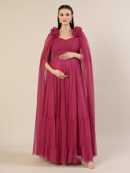 Mauve Ruffle Maternity Maxi Party Gown Dress