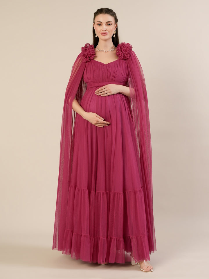 Mauve Ruffle Maternity Maxi Party Gown Dress