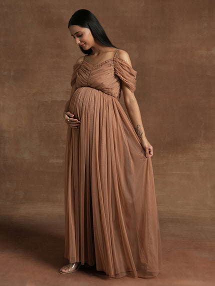 Romantic Tulle Maternity Maxi Dress- Brown