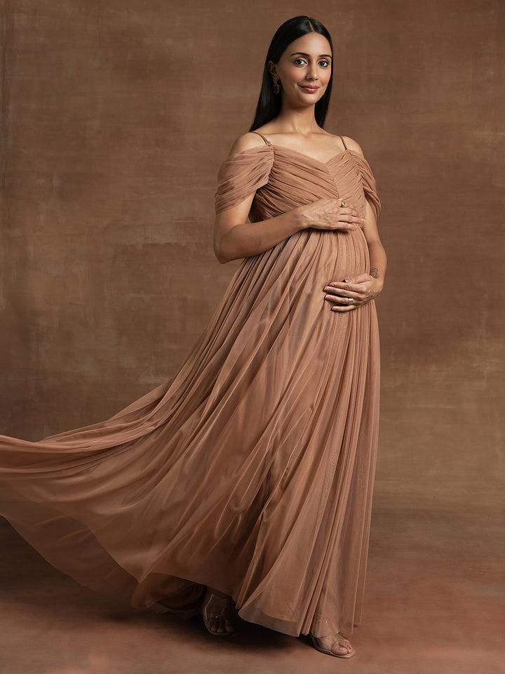 Romantic Tulle Maternity Maxi Dress- Brown