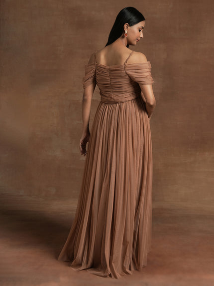 Romantic Tulle Maternity Maxi Dress- Brown