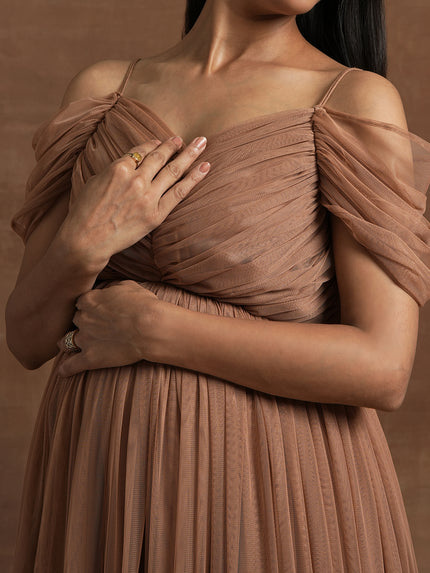 Romantic Tulle Maternity Maxi Dress- Brown