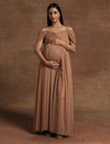 Romantic Tulle Maternity Maxi Dress- Brown