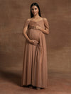 Romantic Tulle Maternity Maxi Dress- Brown