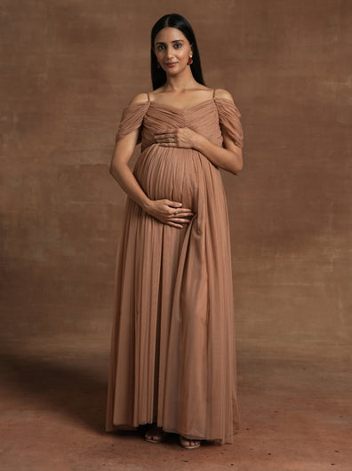 Romantic Tulle Maternity Maxi Dress- Brown
