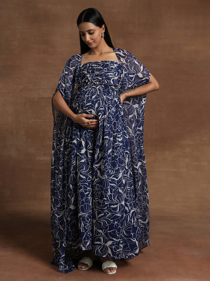 Navy Blue Floral Maternity Maxi Dress with Cape
