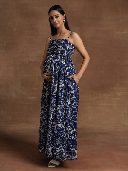 Navy Blue Floral Maternity Maxi Dress with Cape
