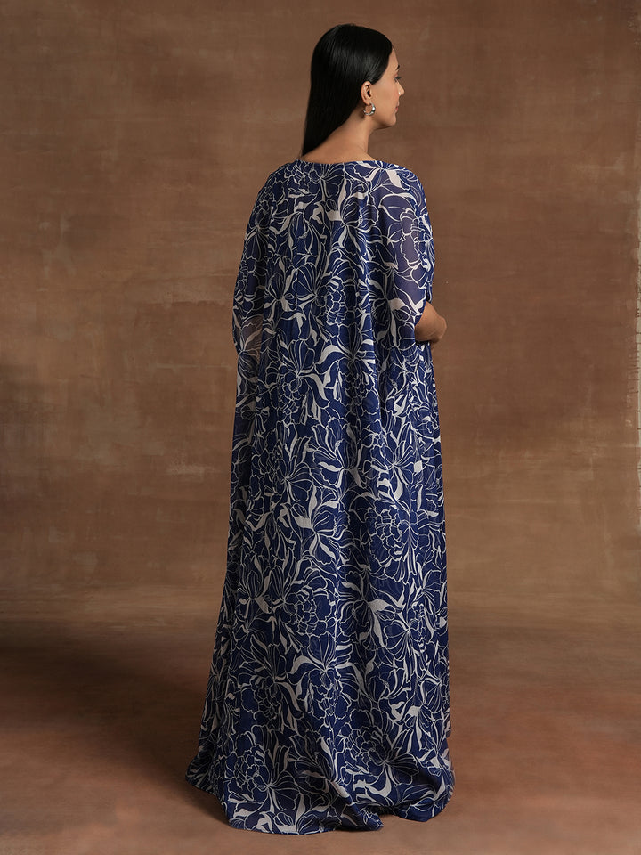Navy Blue Floral Maternity Maxi Dress with Cape