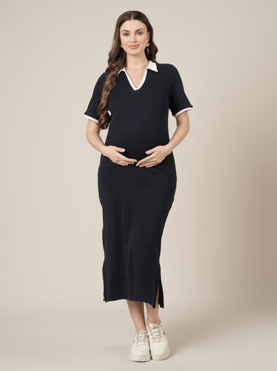 Navy Blue Maternity Midi Bodycon Dress