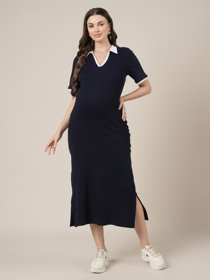 Navy Blue Maternity Midi Bodycon Dress