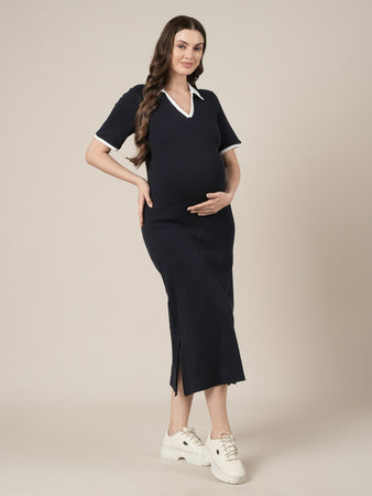 Navy Blue Maternity Midi Bodycon Dress