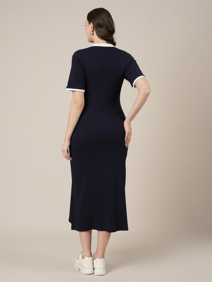 Navy Blue Maternity Midi Bodycon Dress